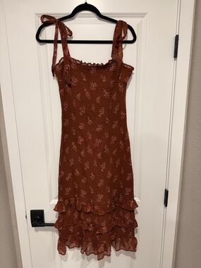 Abercrombie & Fitch Rust Floral Tie-Shoulder Midi Dress